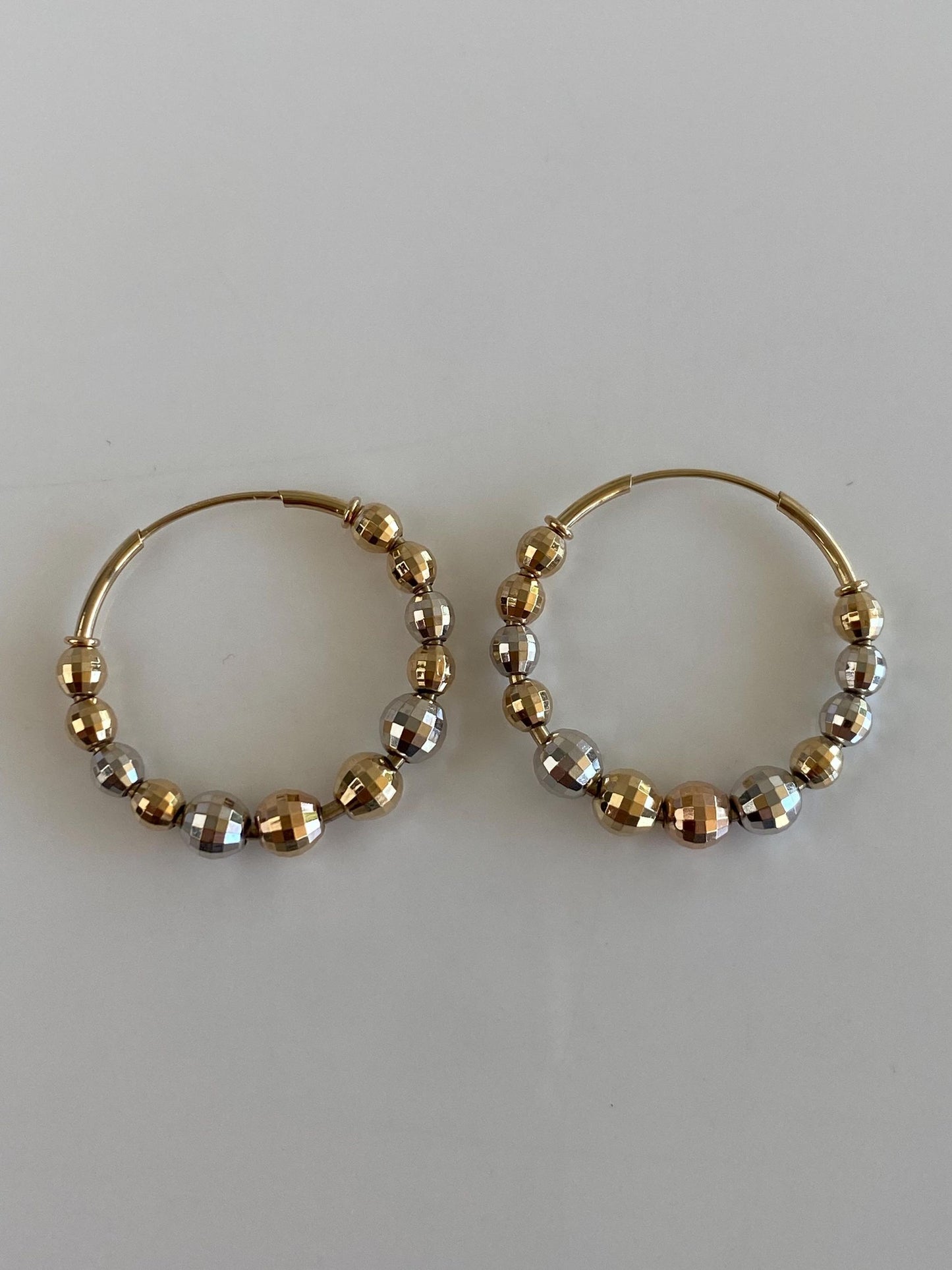 Vintage 14k Tri Tone Gold Faceted Bead Hoop Earrings
