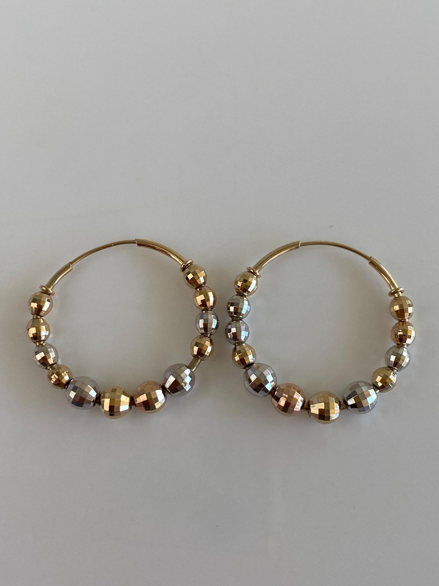 Vintage 14k Tri Tone Gold Faceted Bead Hoop Earrings
