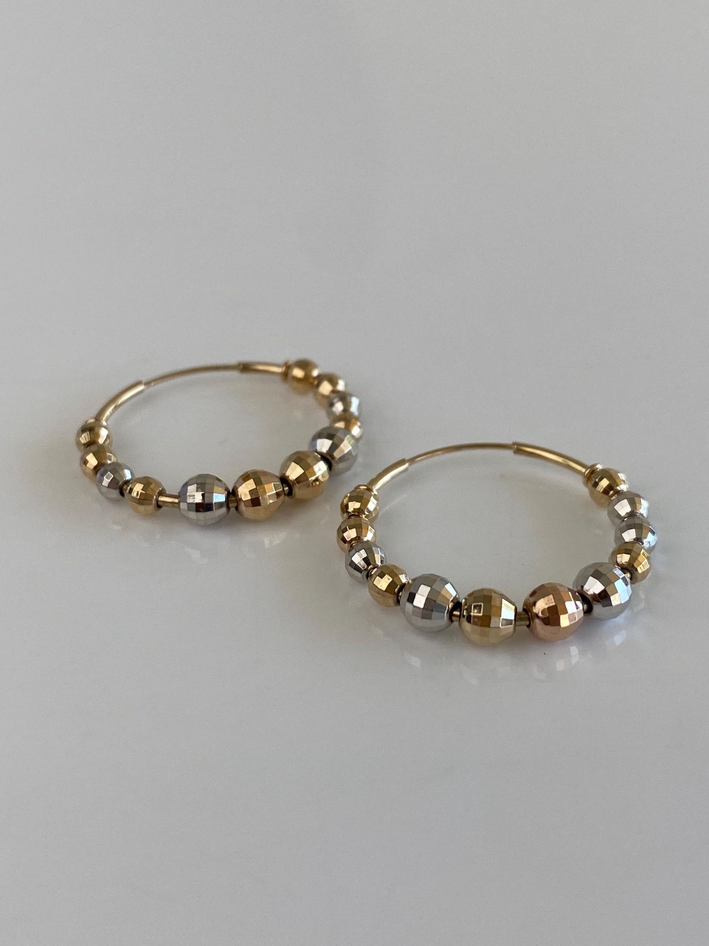 Vintage 14k Tri Tone Gold Faceted Bead Hoop Earrings