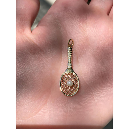 Vintage Solid 14k Yellow Gold Pearl Tennis Racket Charm