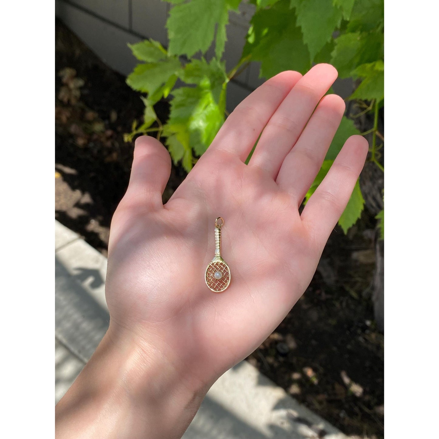 Vintage Solid 14k Yellow Gold Pearl Tennis Racket Charm