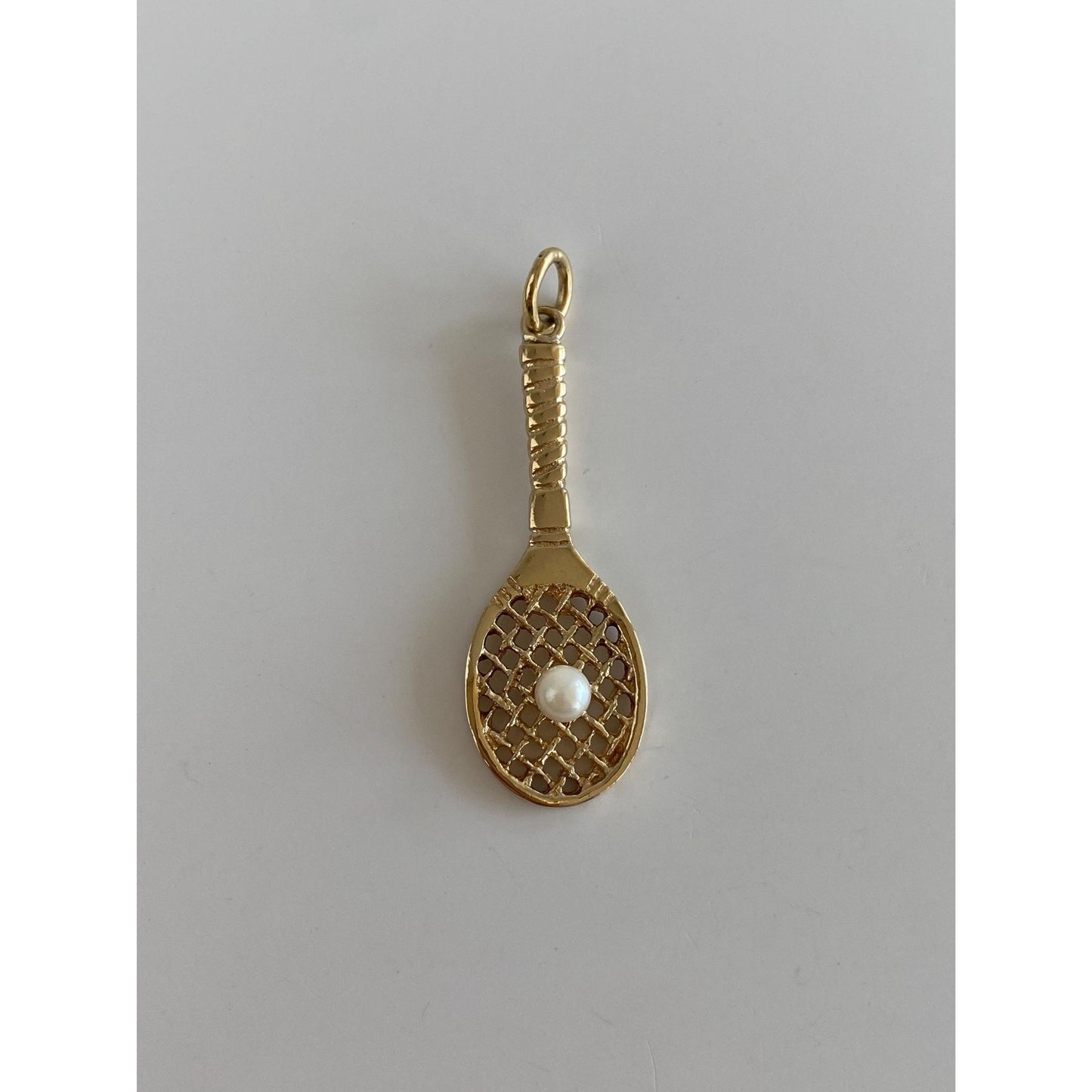Vintage Solid 14k Yellow Gold Pearl Tennis Racket Charm