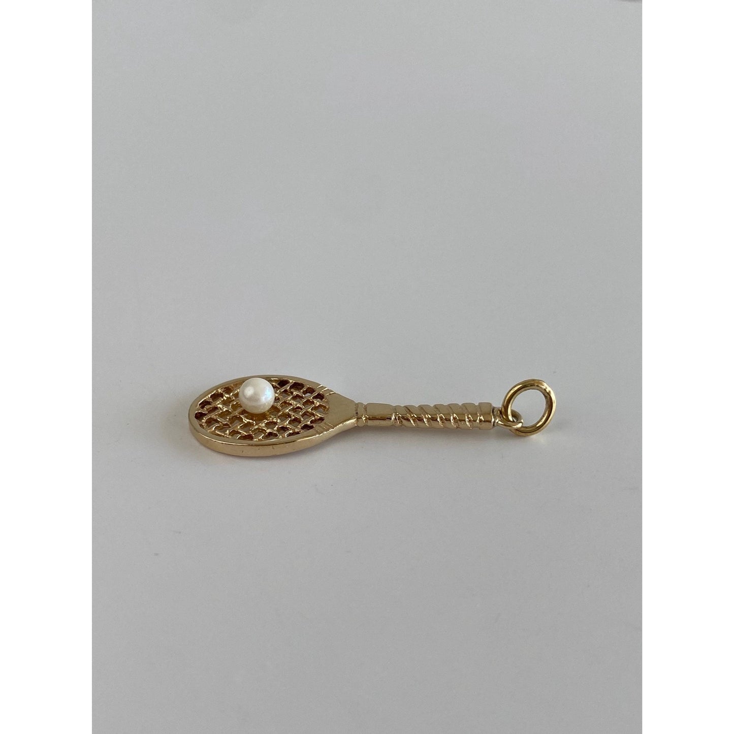 Vintage Solid 14k Yellow Gold Pearl Tennis Racket Charm