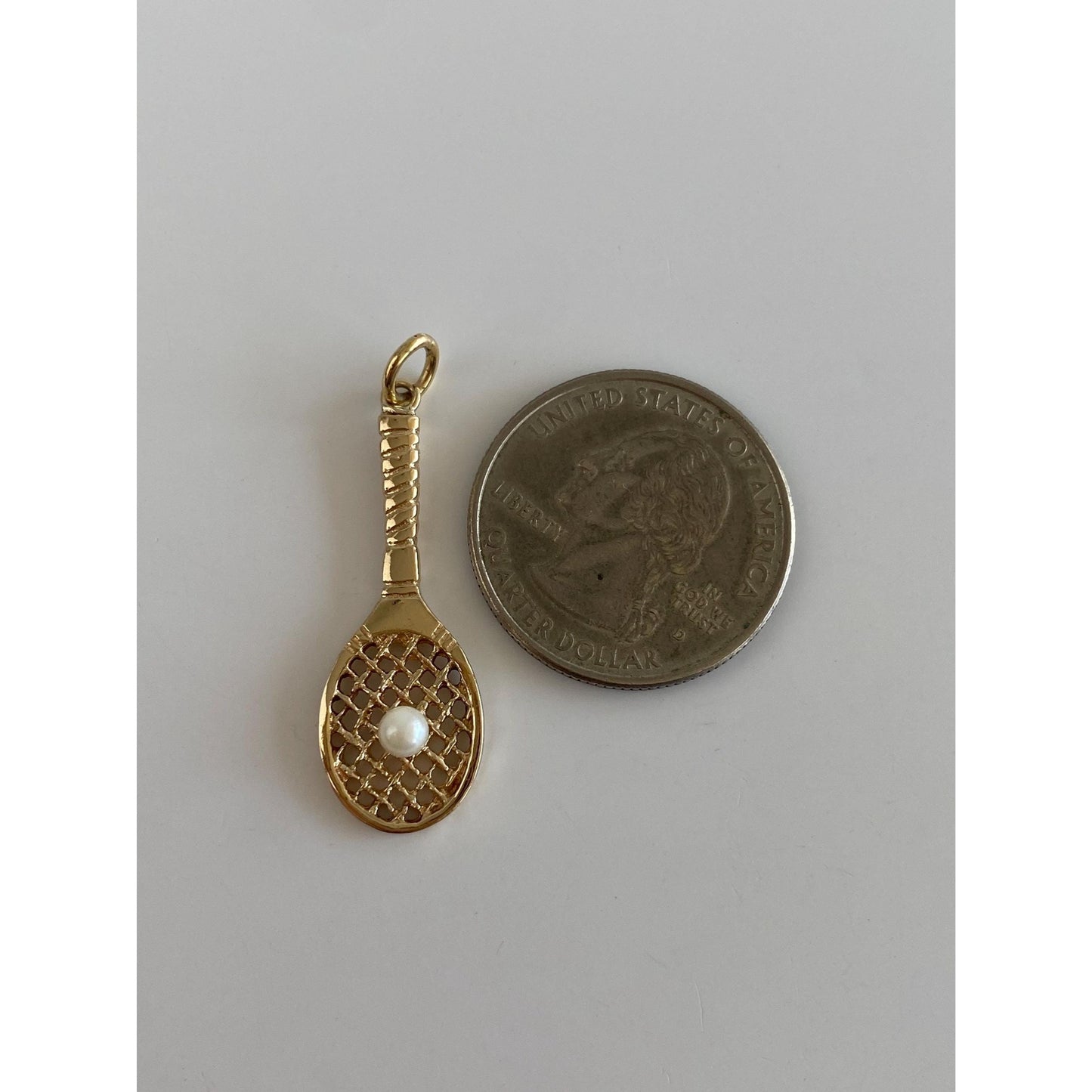 Vintage Solid 14k Yellow Gold Pearl Tennis Racket Charm