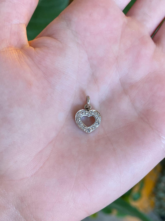 Vintage Solid 18k White Gold Diamond Open Heart Charm