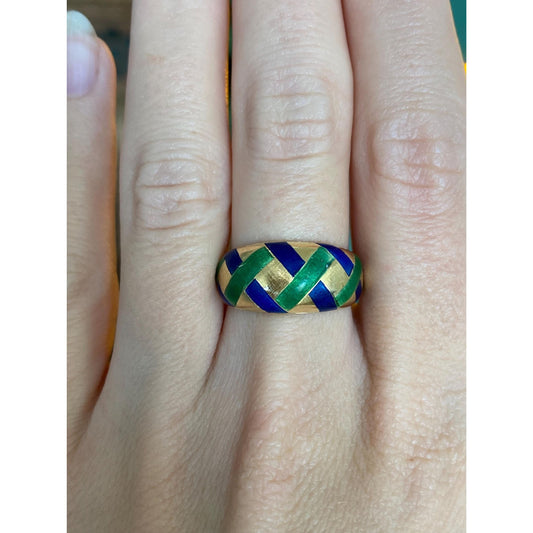 Vintage Solid 18k Yellow Gold Enamel Ring Band - Size 7