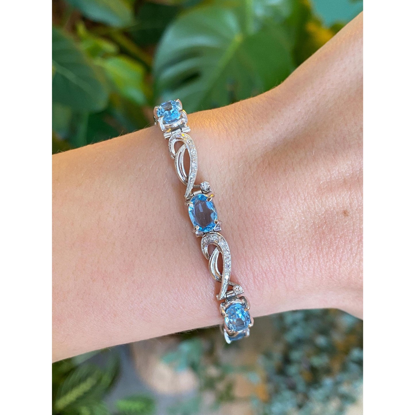 Solid 14k White Gold Diamond Aquamarine Link Bracelet - 6.25 inches