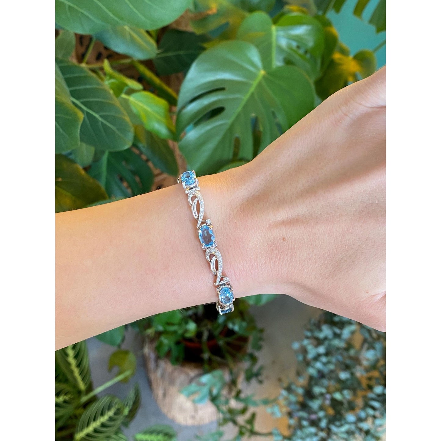 Solid 14k White Gold Diamond Aquamarine Link Bracelet - 6.25 inches