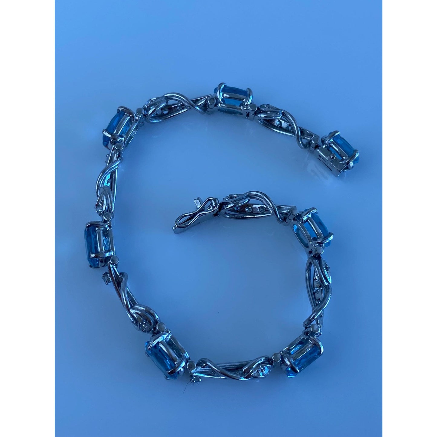 Solid 14k White Gold Diamond Aquamarine Link Bracelet - 6.25 inches