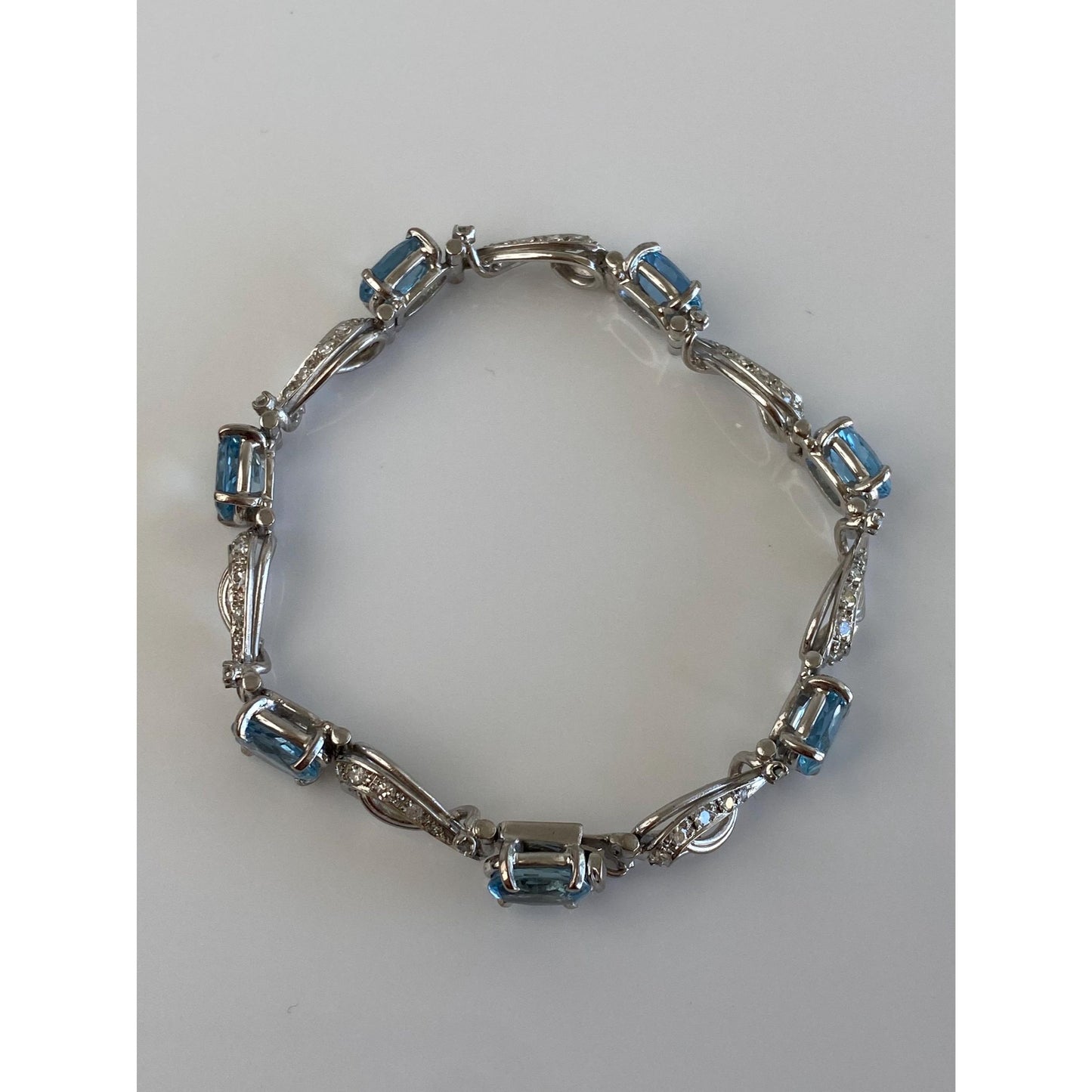 Solid 14k White Gold Diamond Aquamarine Link Bracelet - 6.25 inches
