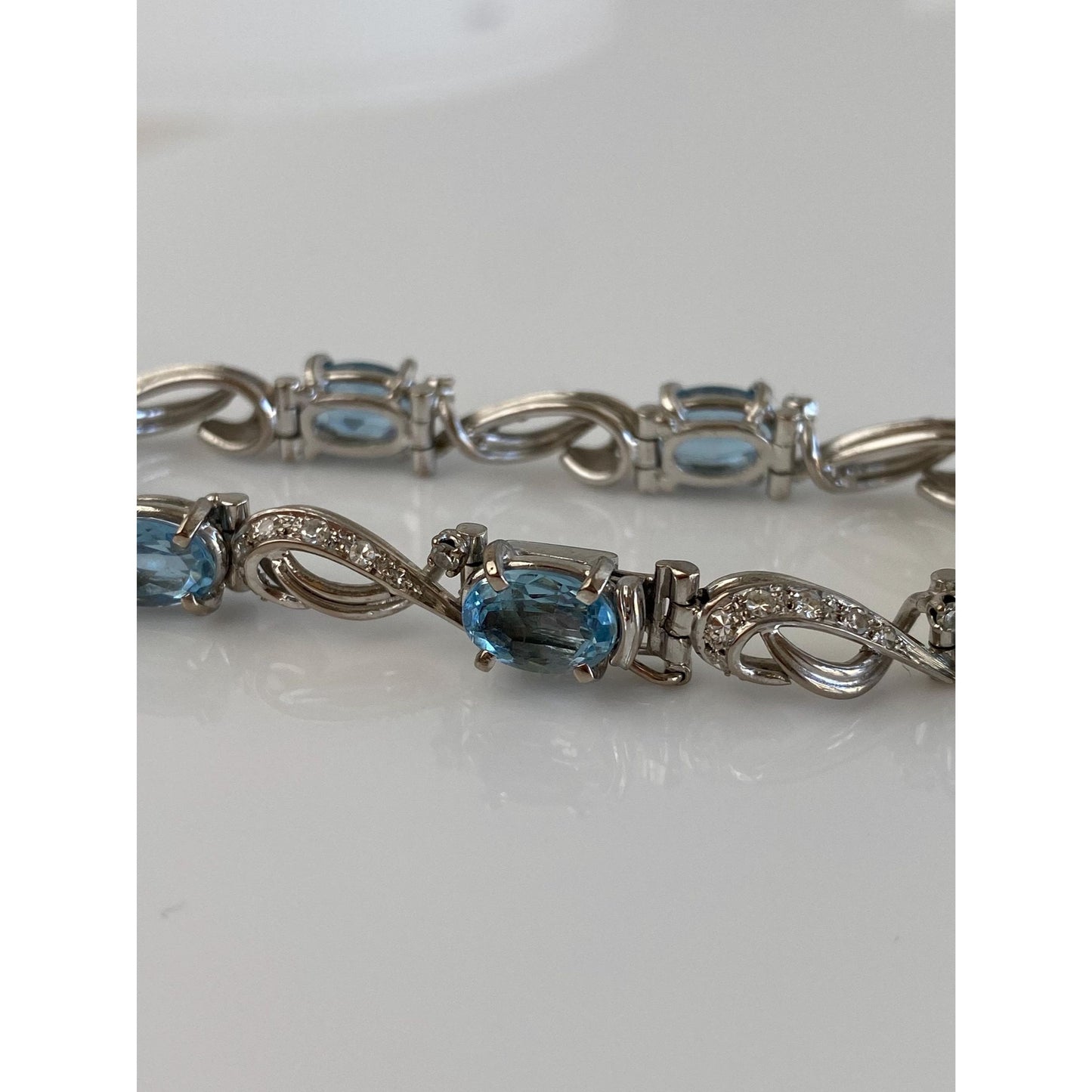 Solid 14k White Gold Diamond Aquamarine Link Bracelet - 6.25 inches