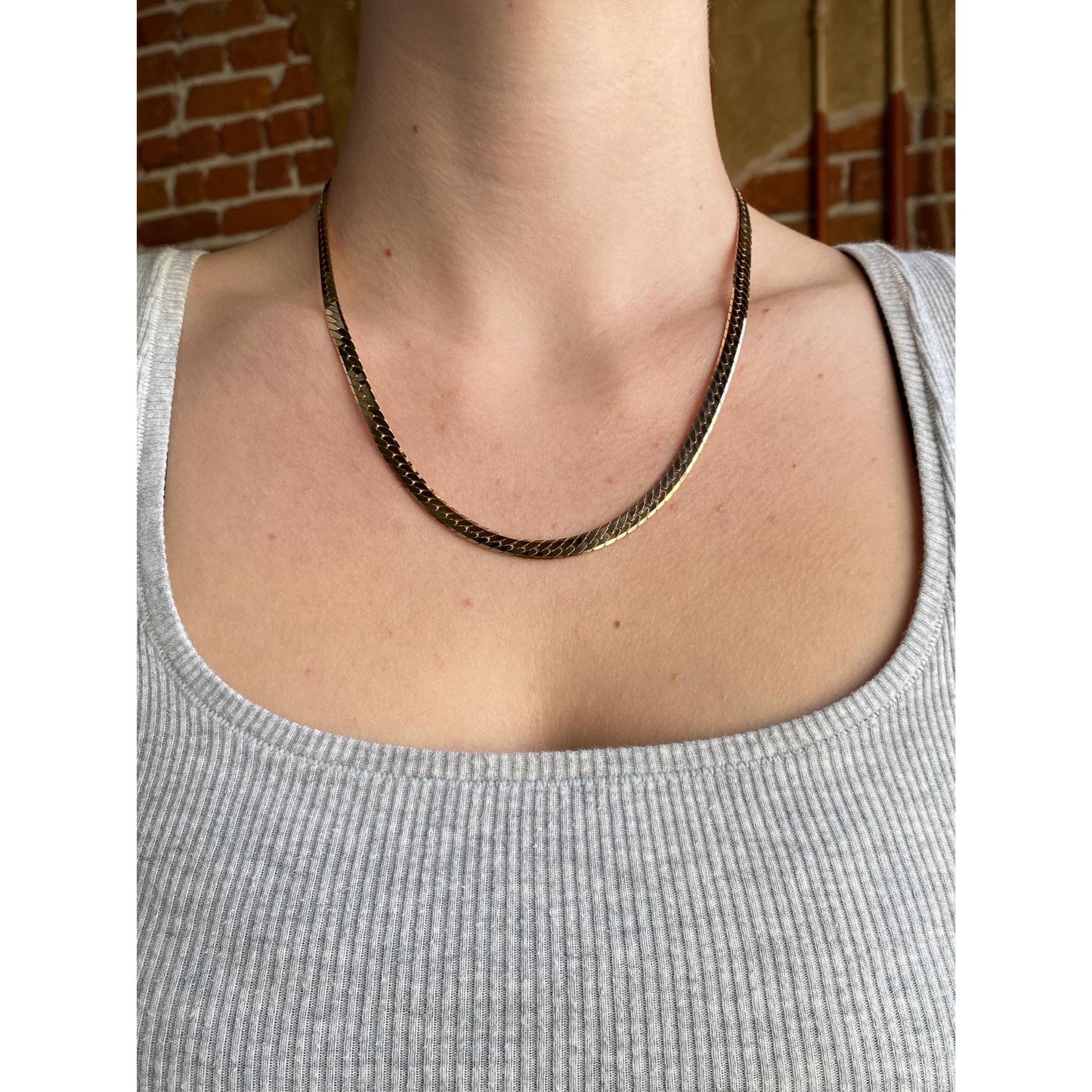 Vintage Solid 14k Yellow Gold Chunky Herringbone Chain Necklace - 19 inches