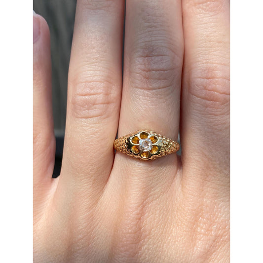 Solid 14k Yellow Gold Old Mine Cut Solitaire Diamond Fish Scale Pattern Ring - Size 6.25