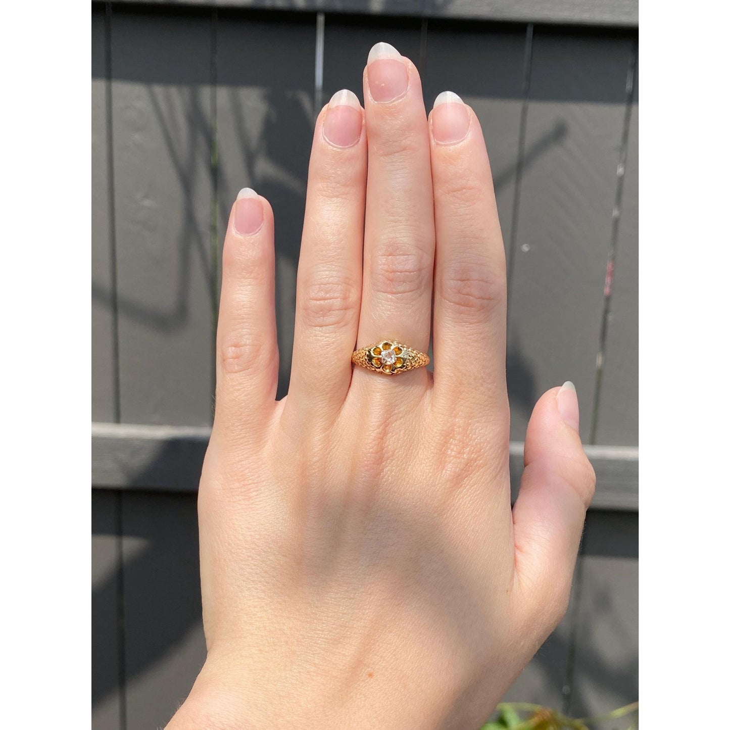 Solid 14k Yellow Gold Old Mine Cut Solitaire Diamond Fish Scale Pattern Ring - Size 6.25