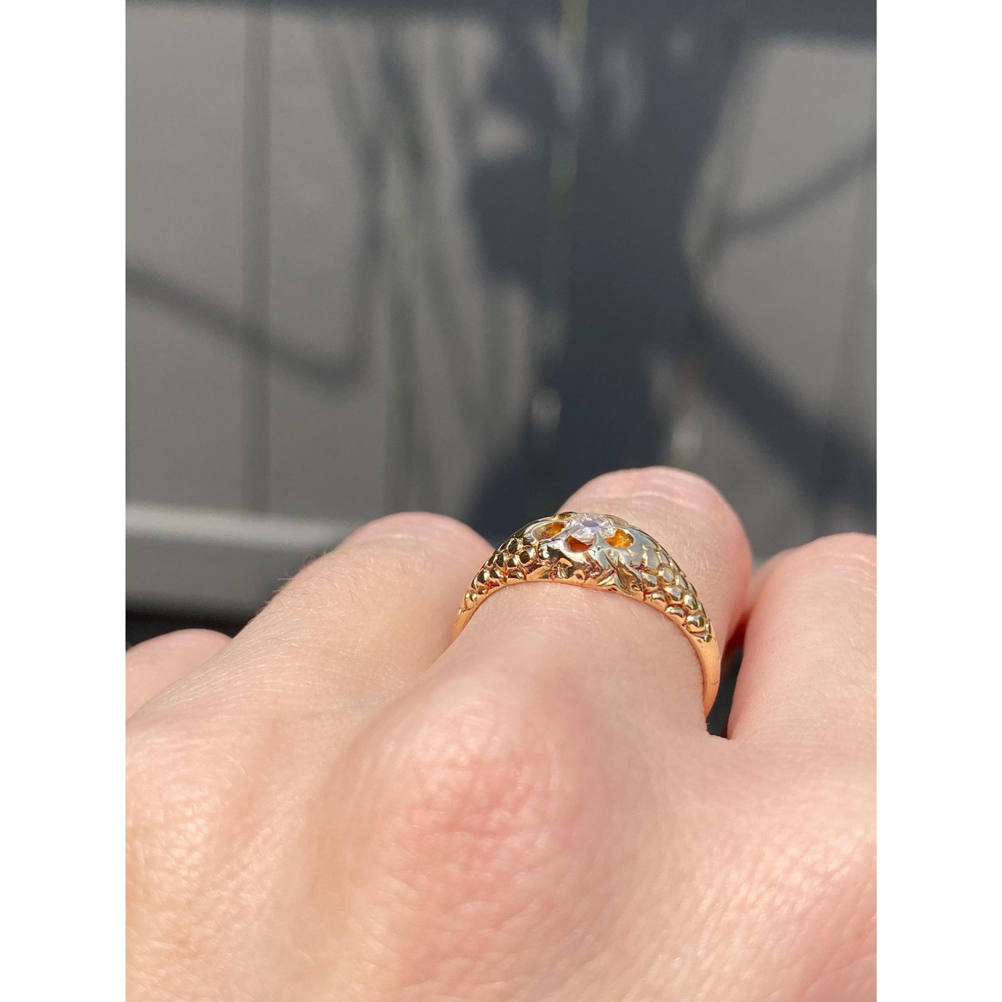 Solid 14k Yellow Gold Old Mine Cut Solitaire Diamond Fish Scale Pattern Ring - Size 6.25