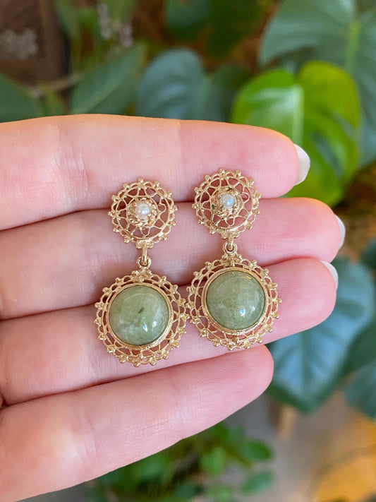 Vintage Solid 14k Yellow Gold Jade Pearl Ornate Open Work Dangle Stud Earrings