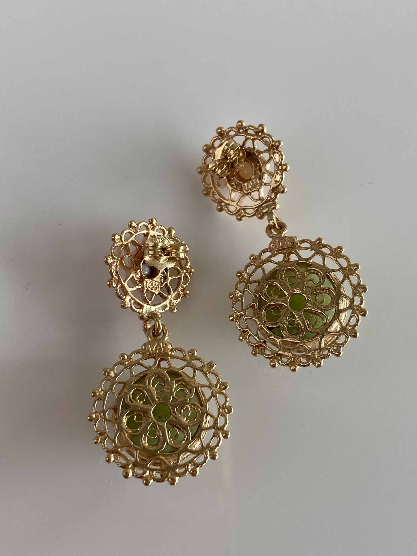 Vintage Solid 14k Yellow Gold Jade Pearl Ornate Open Work Dangle Stud Earrings