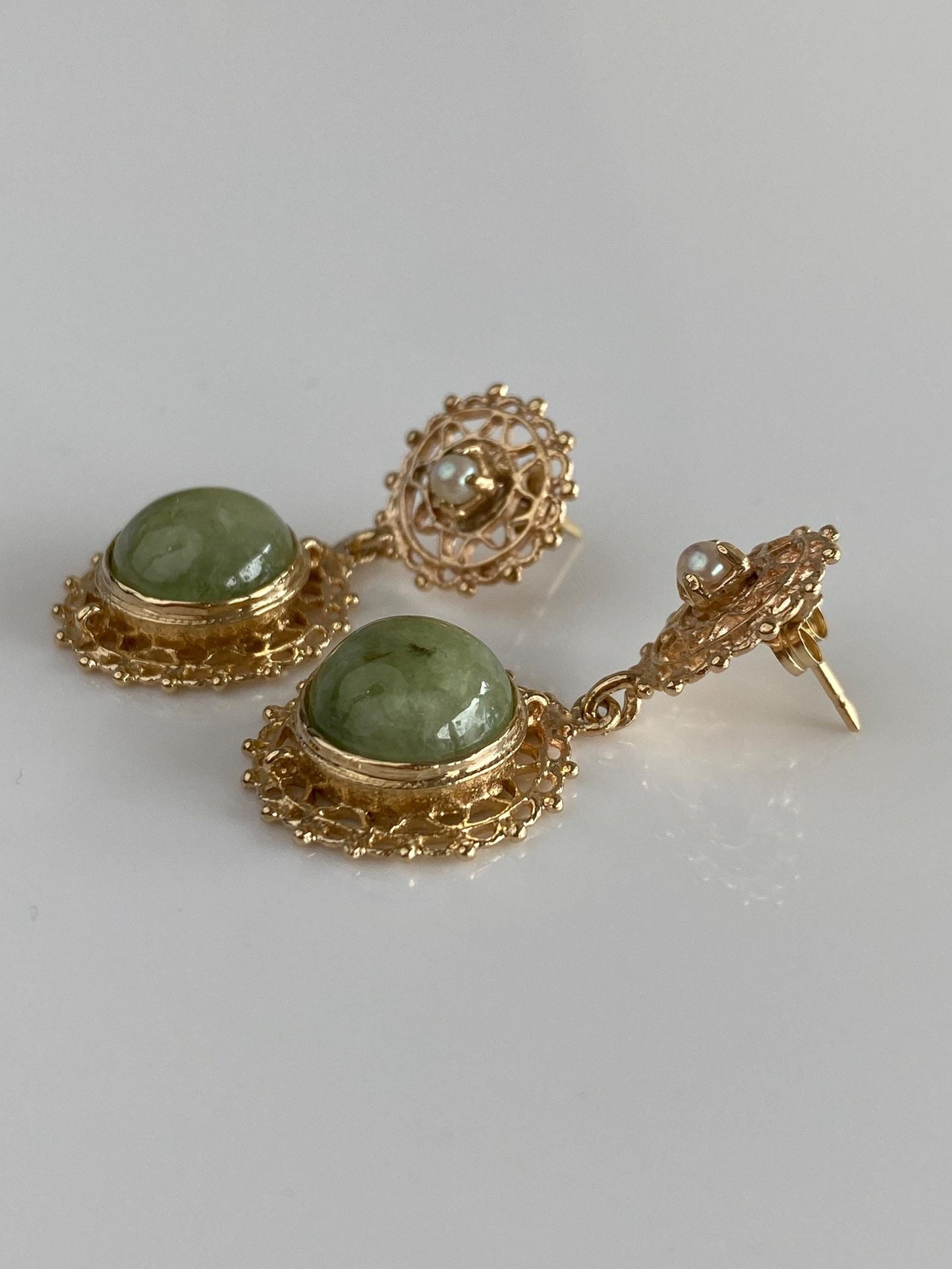 Vintage Solid 14k Yellow Gold Jade Pearl Ornate Open Work Dangle Stud Earrings