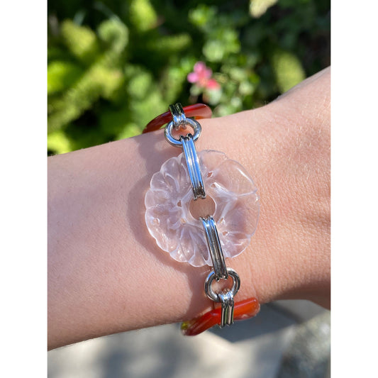 Vintage Solid 14k White Gold Carved Quartz & Carnelian Link Bracelet - 7.75 inches