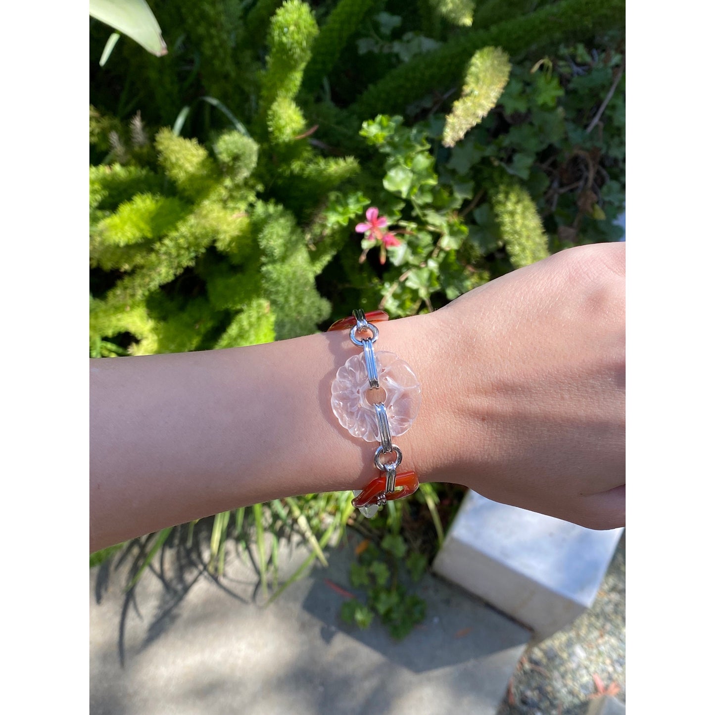 Vintage Solid 14k White Gold Carved Quartz & Carnelian Link Bracelet - 7.75 inches