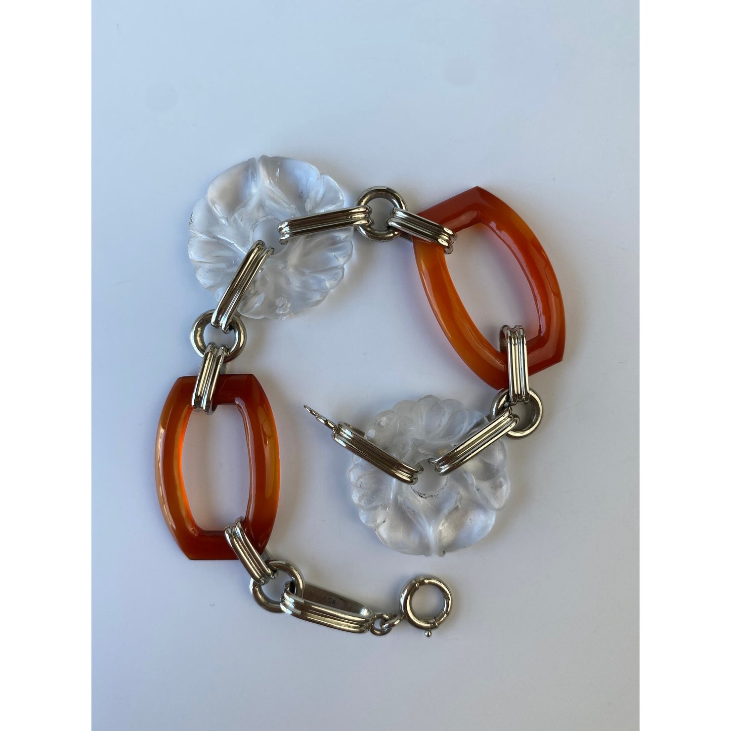 Vintage Solid 14k White Gold Carved Quartz & Carnelian Link Bracelet - 7.75 inches