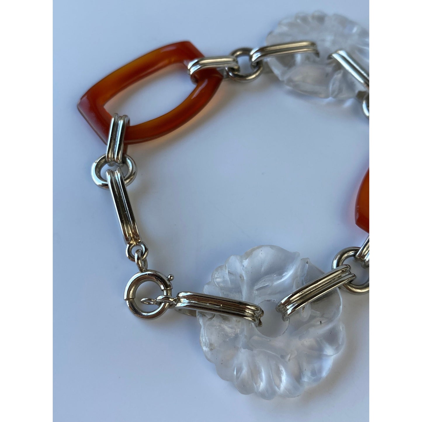Vintage Solid 14k White Gold Carved Quartz & Carnelian Link Bracelet - 7.75 inches