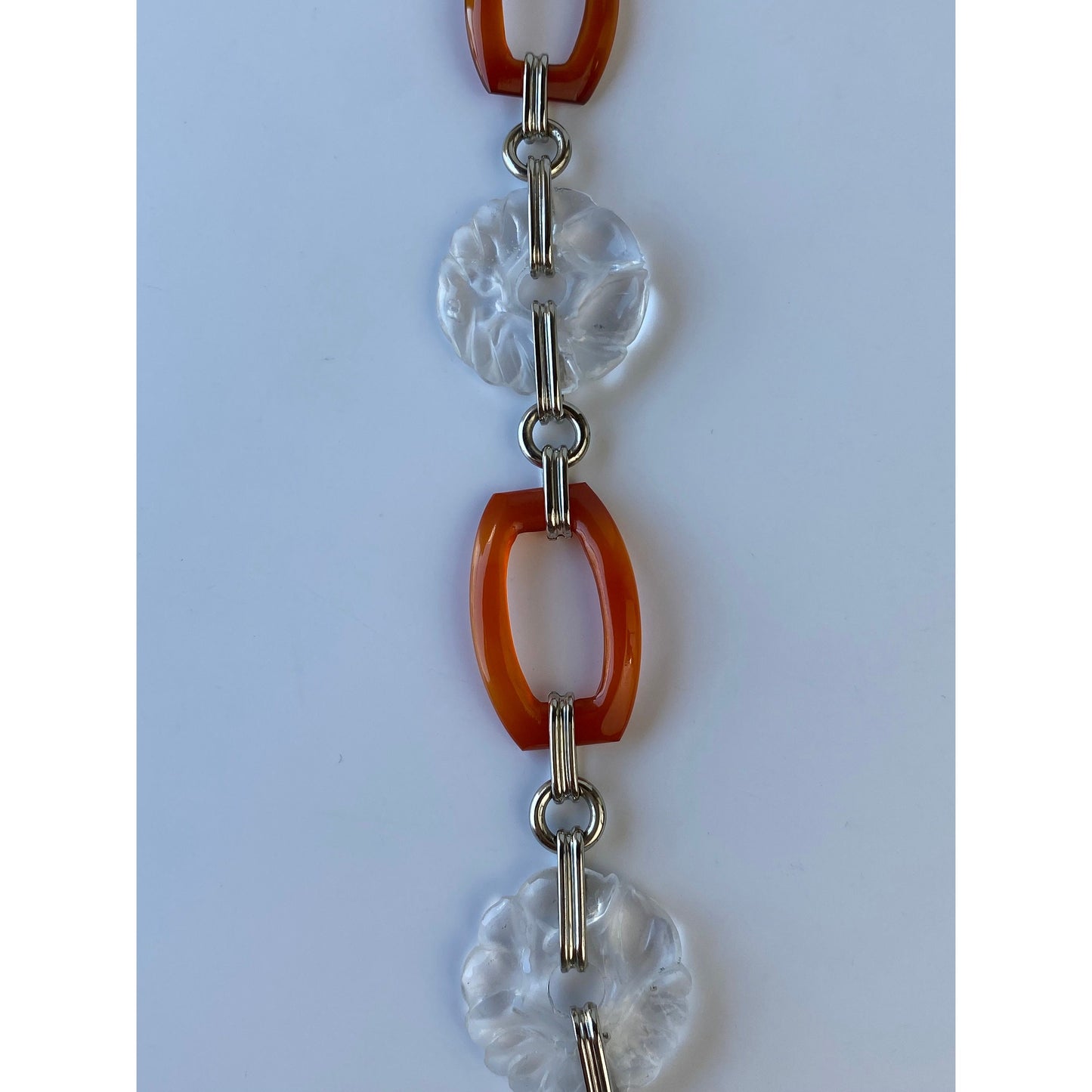 Vintage Solid 14k White Gold Carved Quartz & Carnelian Link Bracelet - 7.75 inches