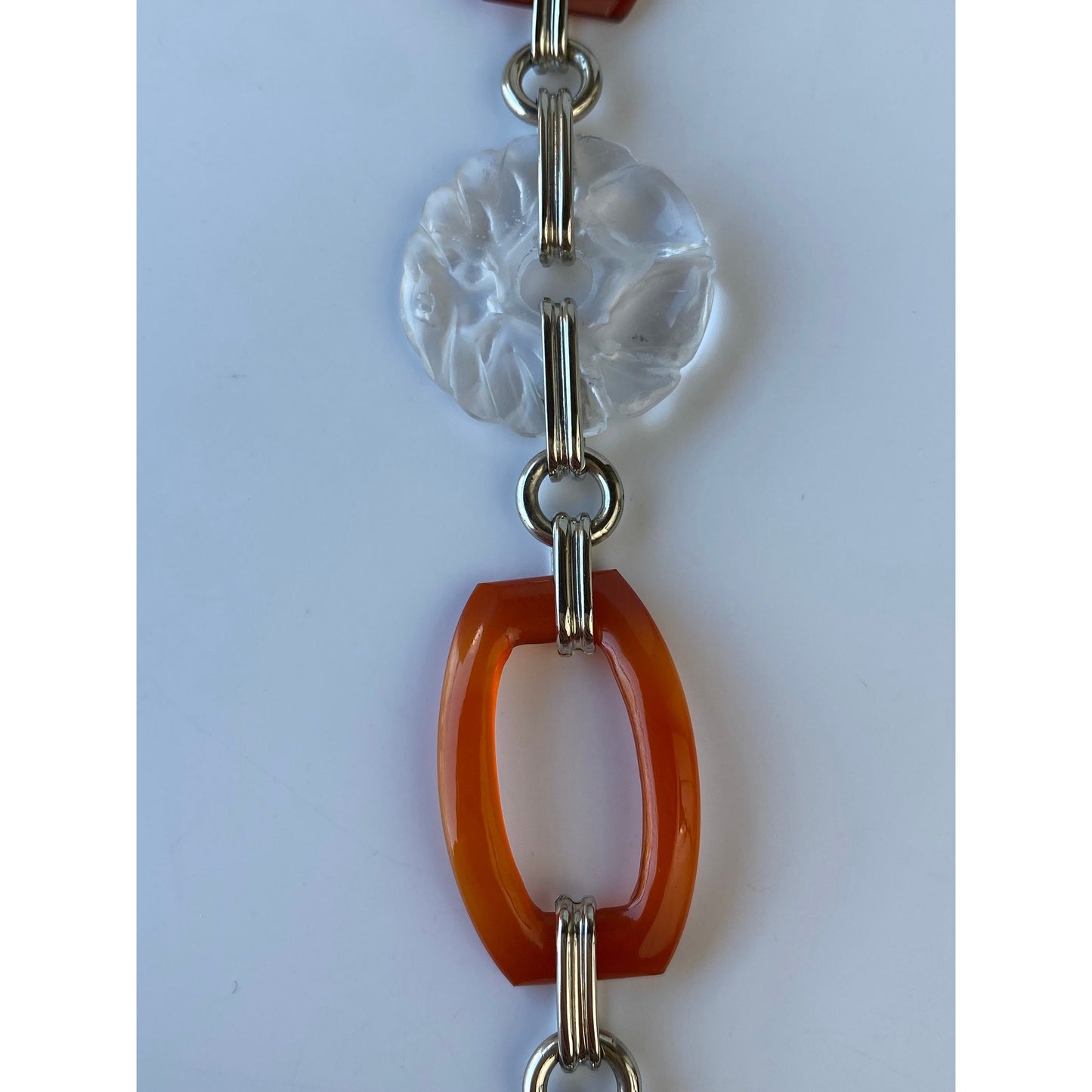 Vintage Solid 14k White Gold Carved Quartz & Carnelian Link Bracelet - 7.75 inches