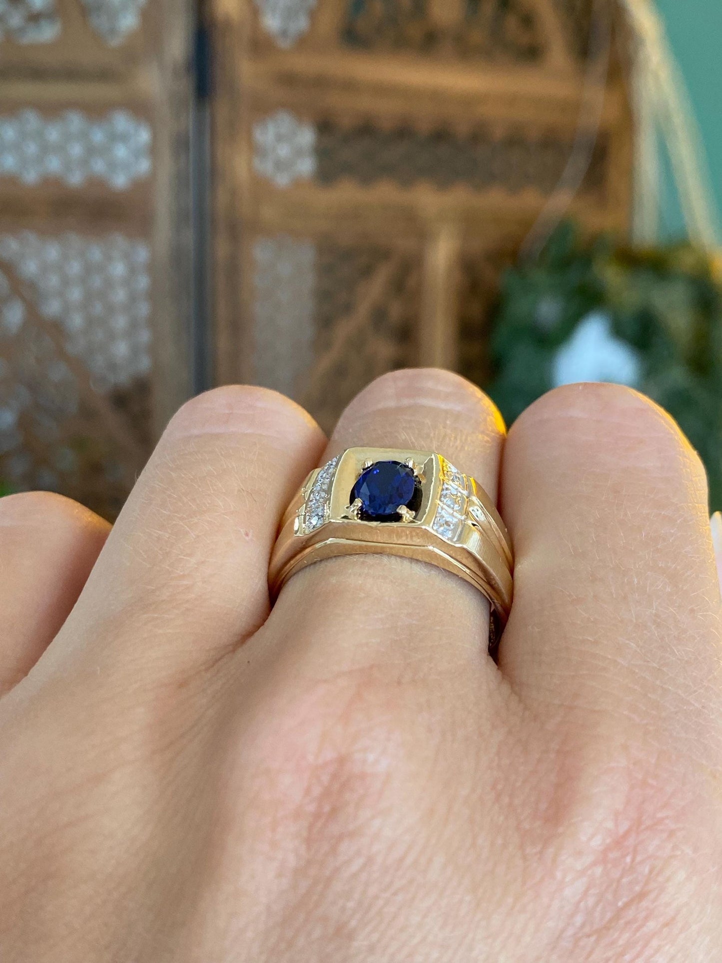 Vintage Solid 10k Yellow Gold Diamond Blue Sapphire Ring Band - Size 9.75