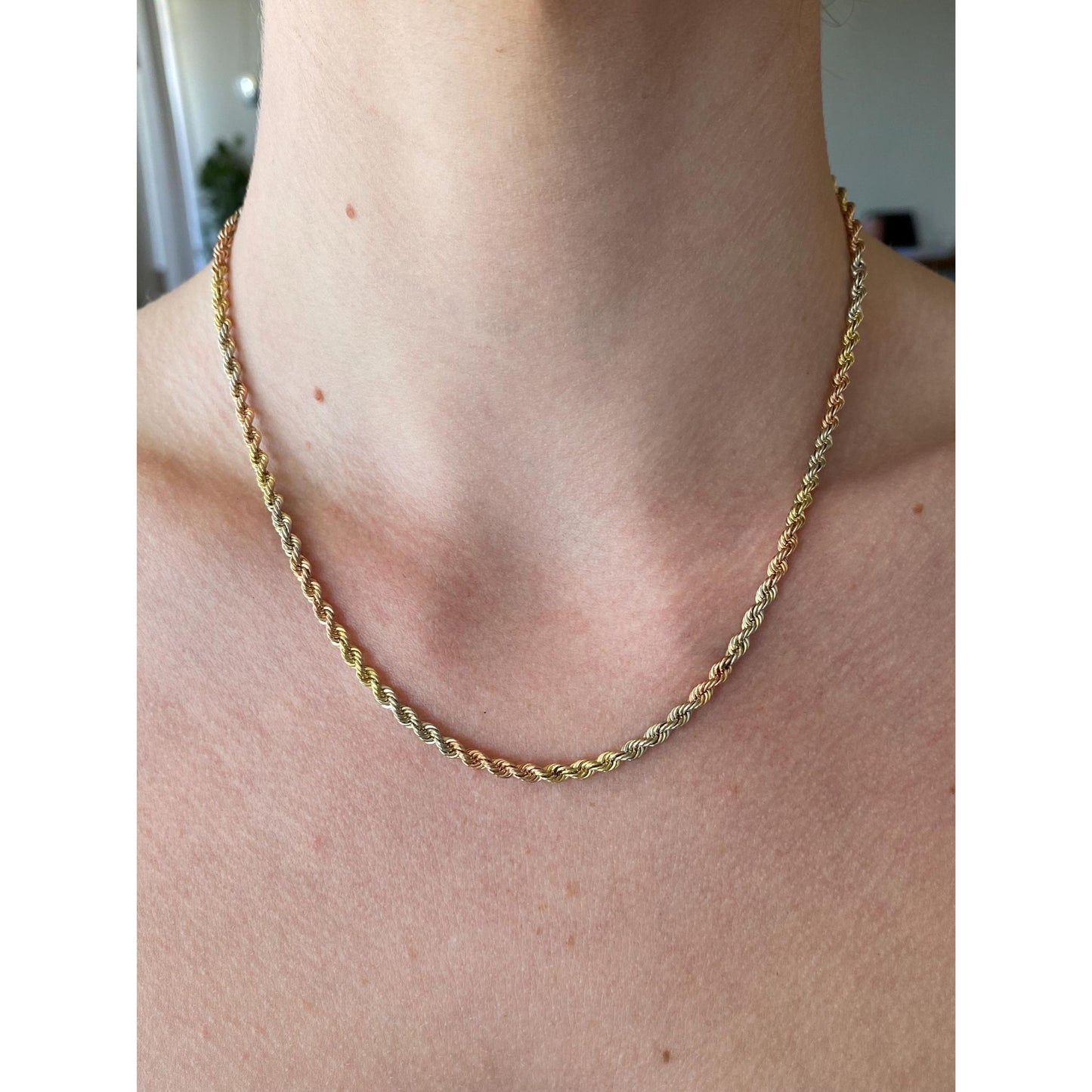 Vintage Solid 14k Tri Tone Gold Rope Chain Necklace - 17 inches