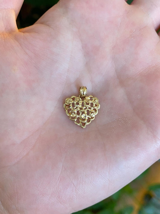 Vintage Solid 10k Yellow Gold Open Work Diamond Cut Heart Charm