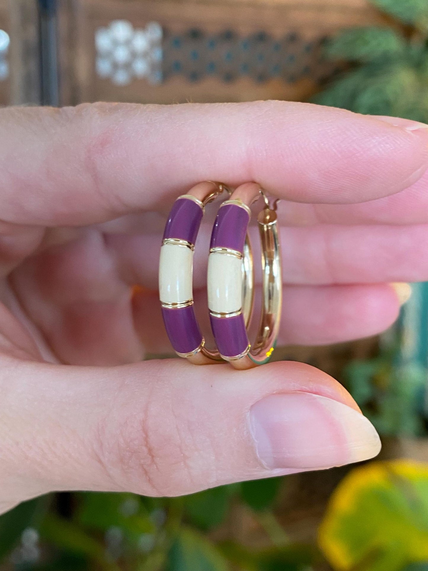 Vintage 14k Yellow Gold Purple White Enamel Hoop Earrings