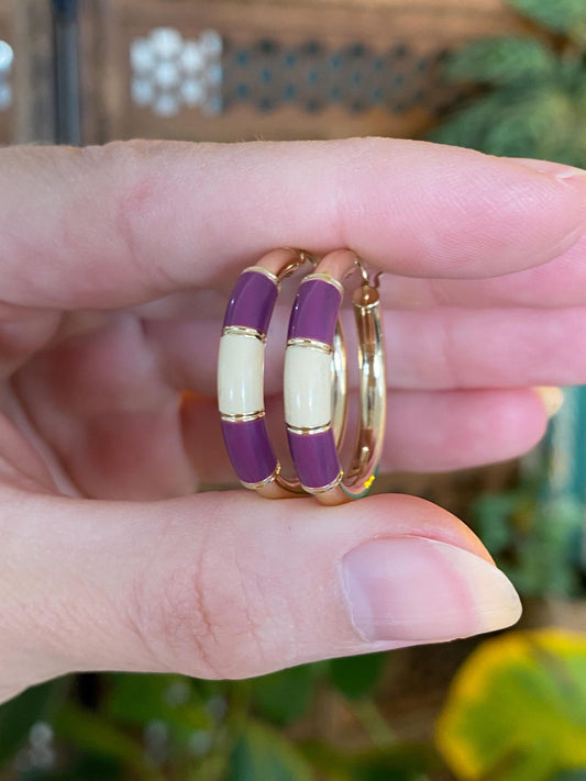 Vintage 14k Yellow Gold Purple White Enamel Hoop Earrings