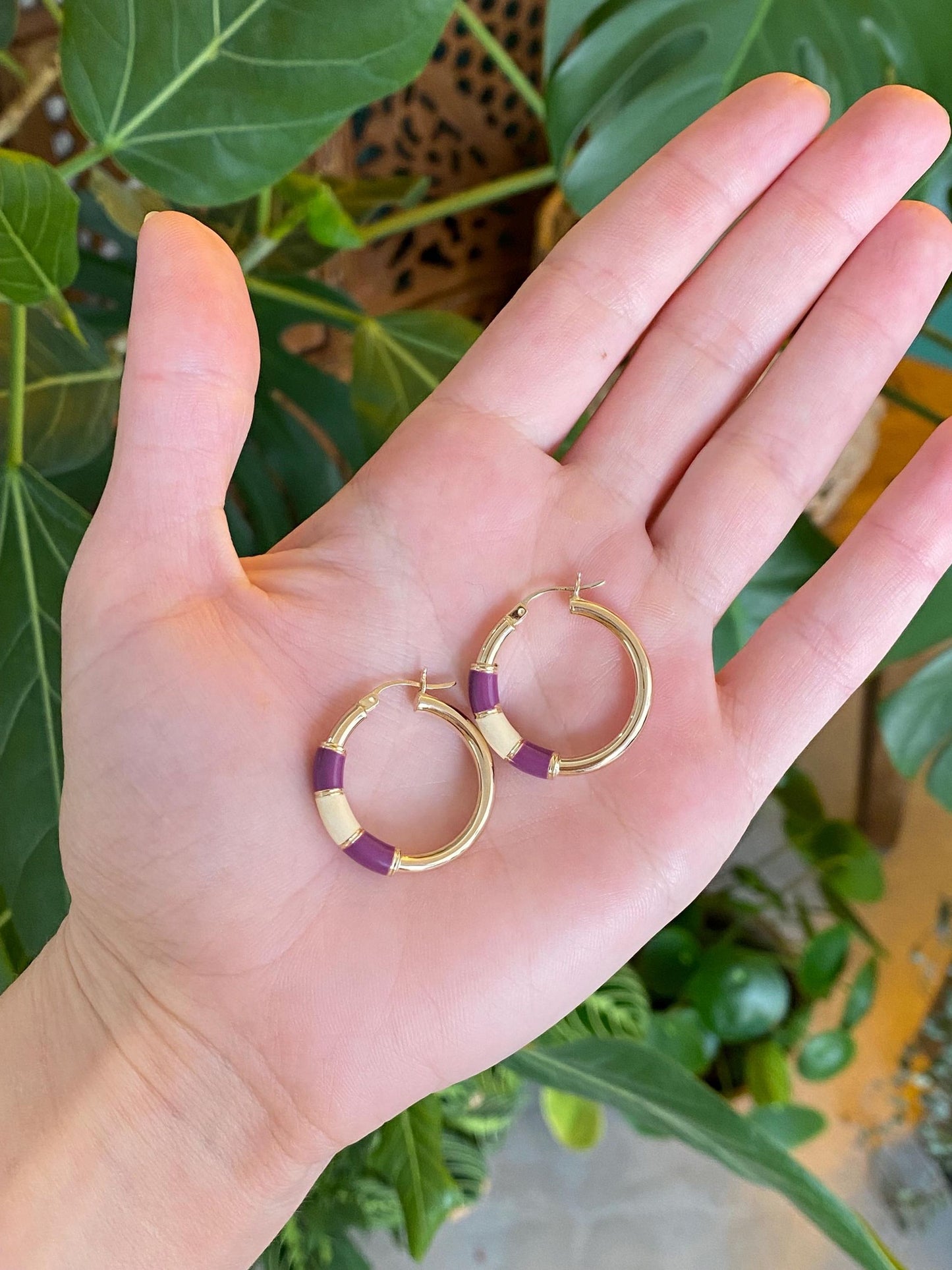 Vintage 14k Yellow Gold Purple White Enamel Hoop Earrings