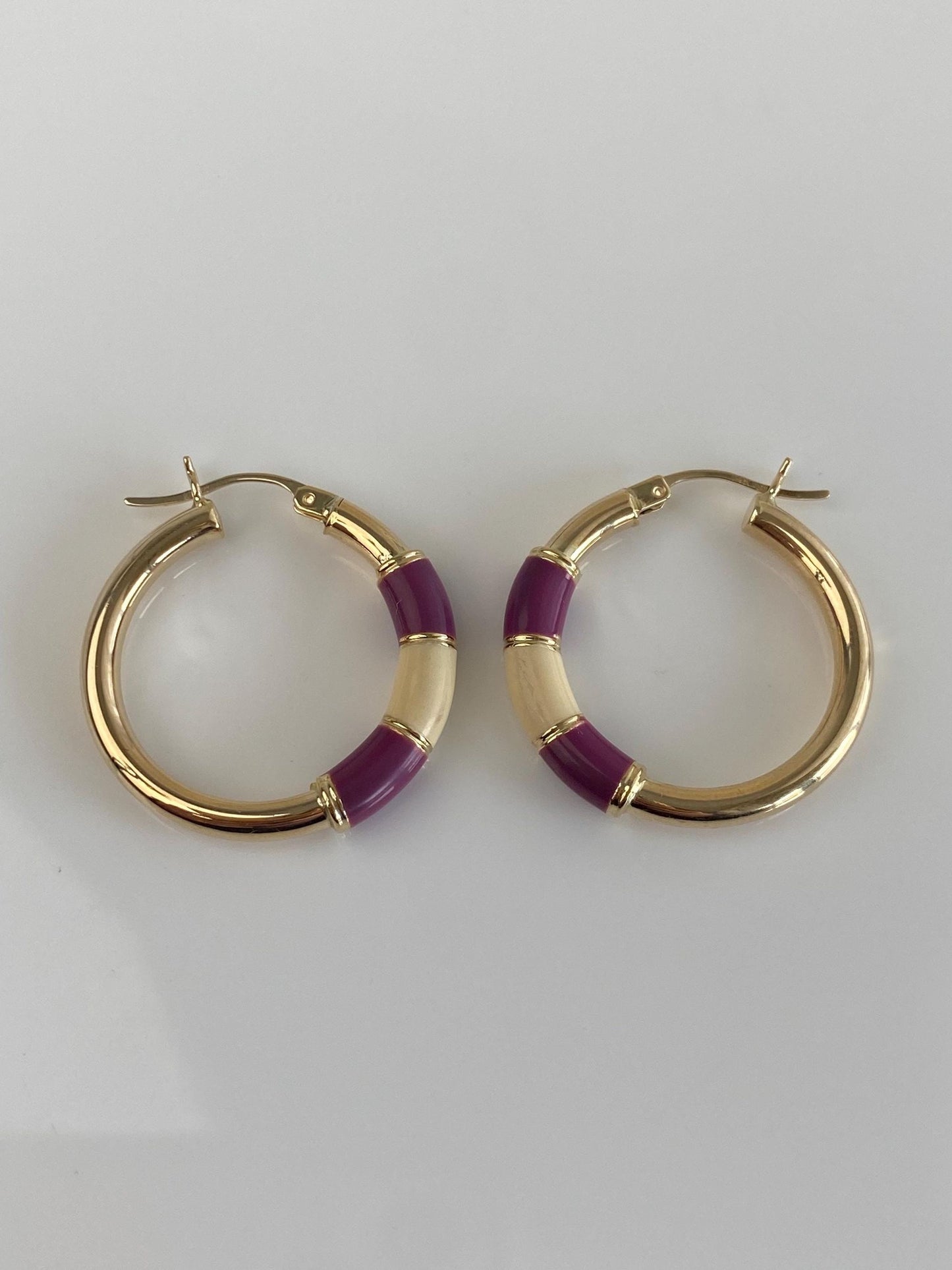 Vintage 14k Yellow Gold Purple White Enamel Hoop Earrings