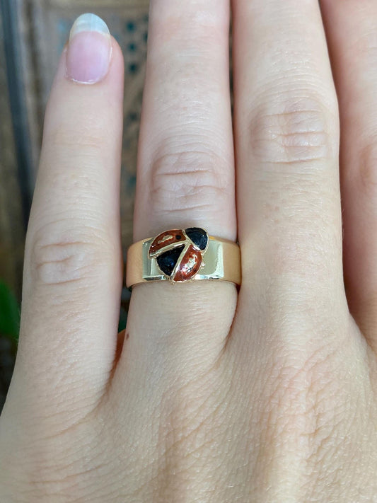 Vintage Solid 14k Yellow Gold Red Black Enamel Lady Bug Ring Band - Size 6.5