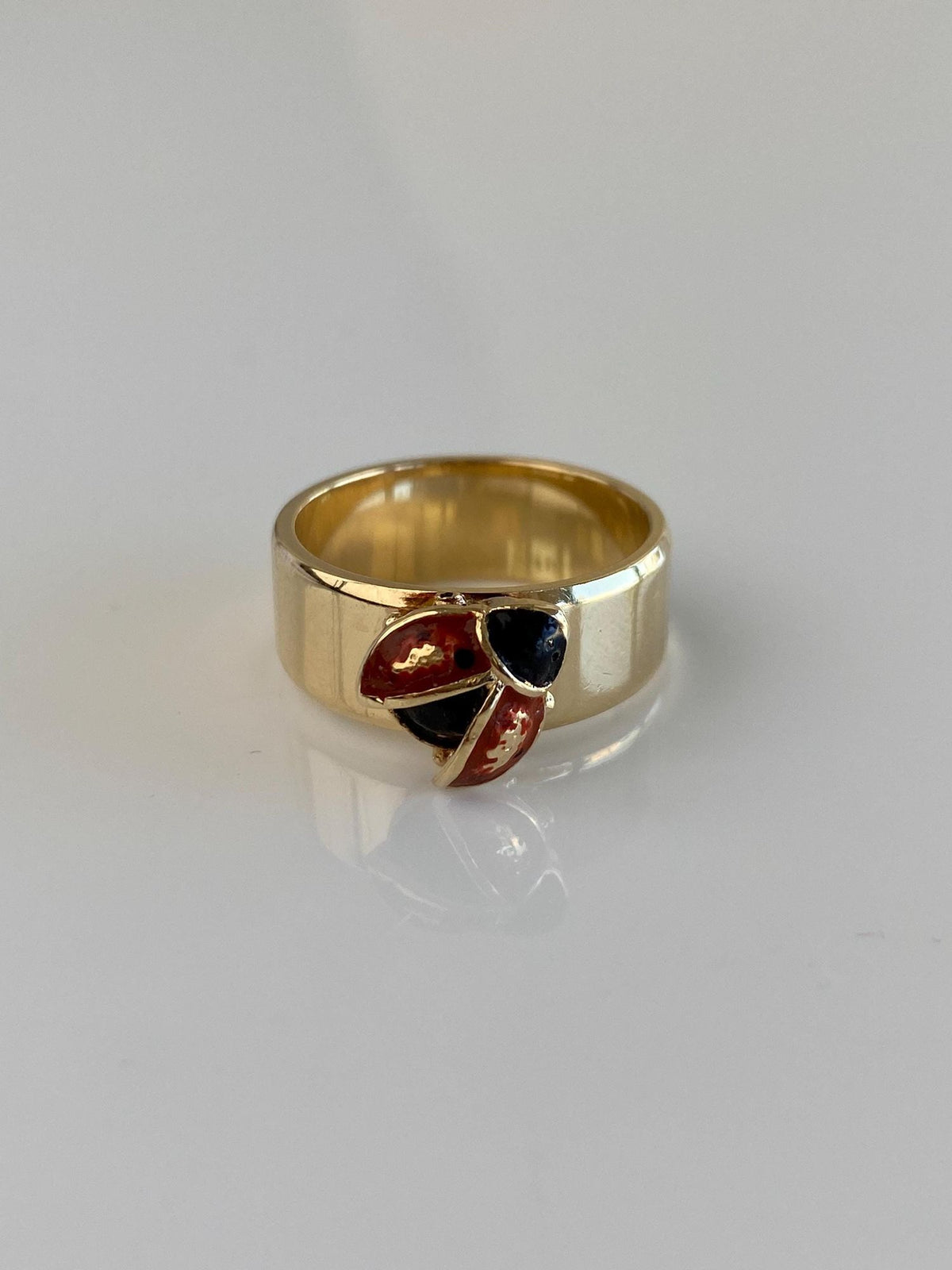 Vintage Solid 14k Yellow Gold Red Black Enamel Lady Bug Ring Band - Size 6.5