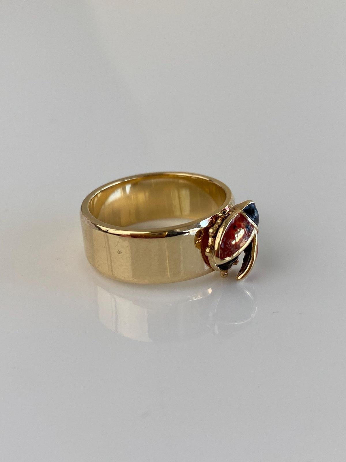 Vintage Solid 14k Yellow Gold Red Black Enamel Lady Bug Ring Band - Size 6.5