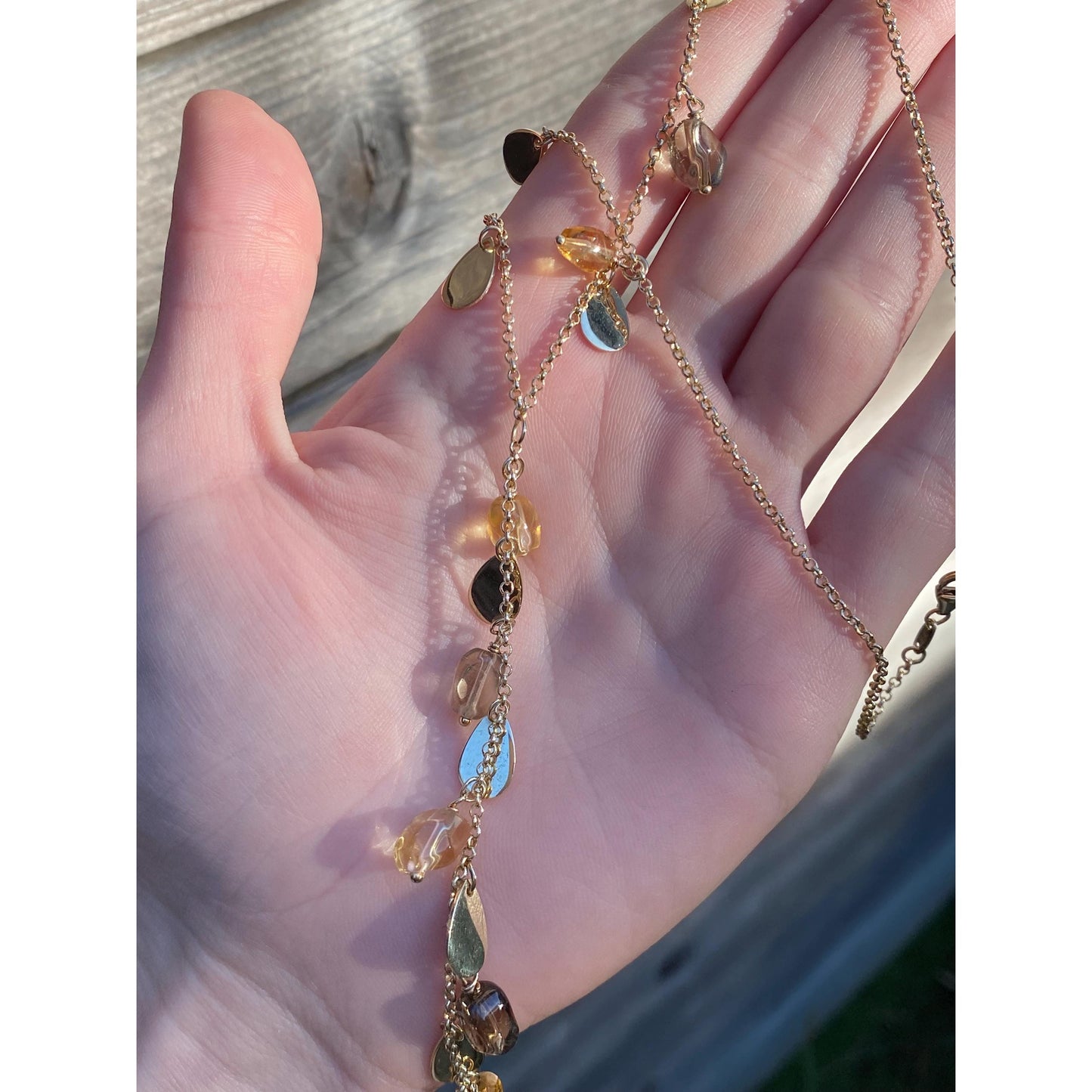 Vintage Solid 14k Yellow Gold Smoky Quartz Citrine Gold Teardrop Rolo Chain Necklace - 16.5 Inches