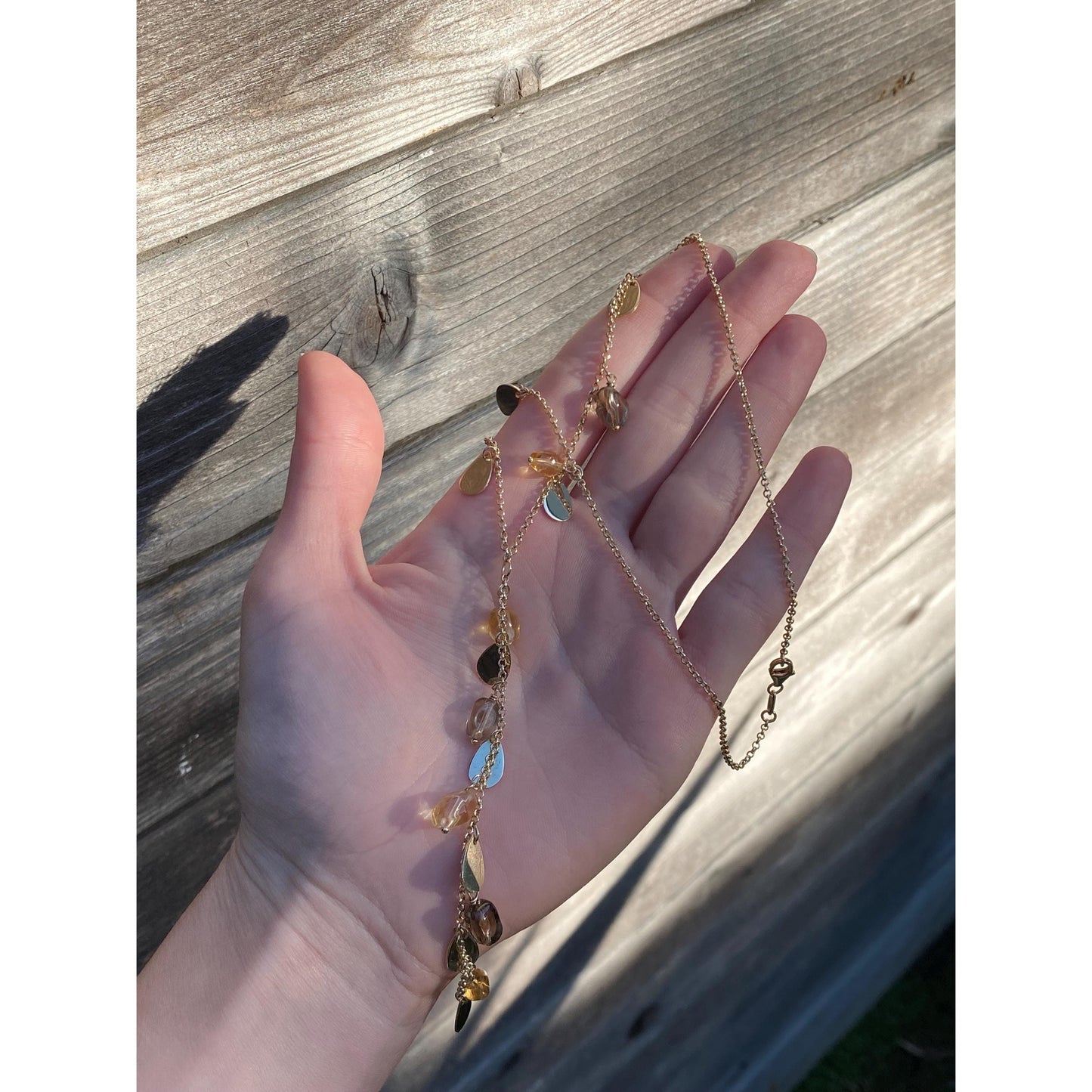 Vintage Solid 14k Yellow Gold Smoky Quartz Citrine Gold Teardrop Rolo Chain Necklace - 16.5 Inches