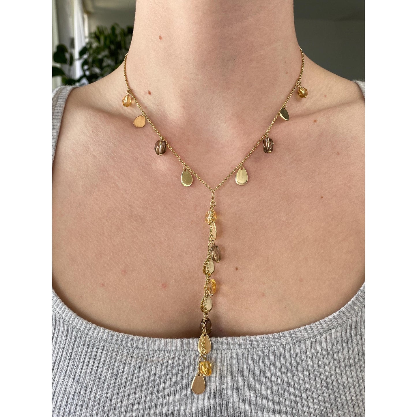 Vintage Solid 14k Yellow Gold Smoky Quartz Citrine Gold Teardrop Rolo Chain Necklace - 16.5 Inches