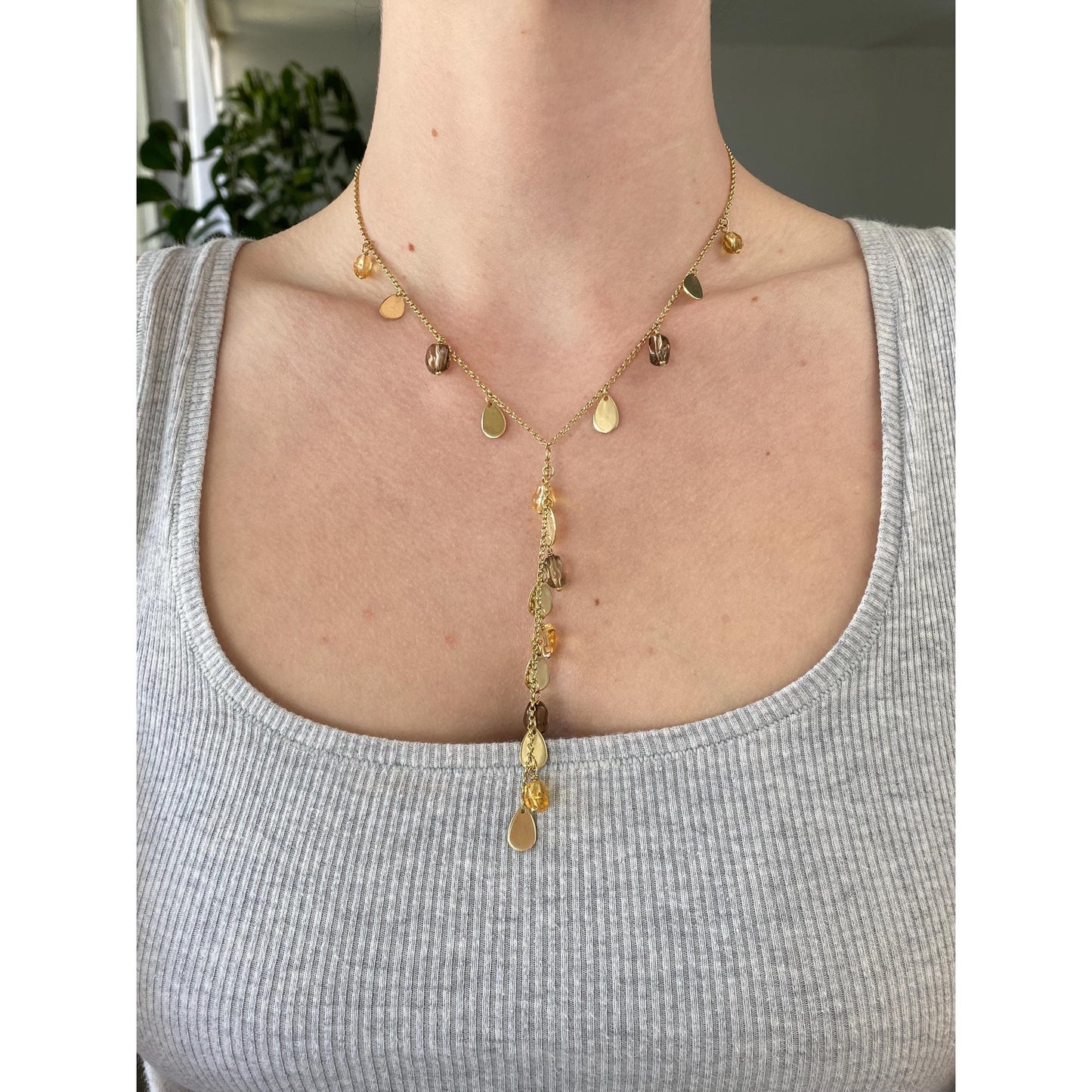 Vintage Solid 14k Yellow Gold Smoky Quartz Citrine Gold Teardrop Rolo Chain Necklace - 16.5 Inches