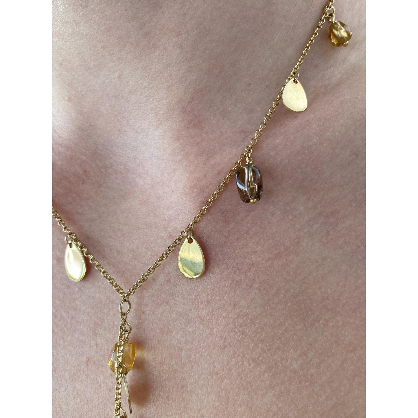 Vintage Solid 14k Yellow Gold Smoky Quartz Citrine Gold Teardrop Rolo Chain Necklace - 16.5 Inches