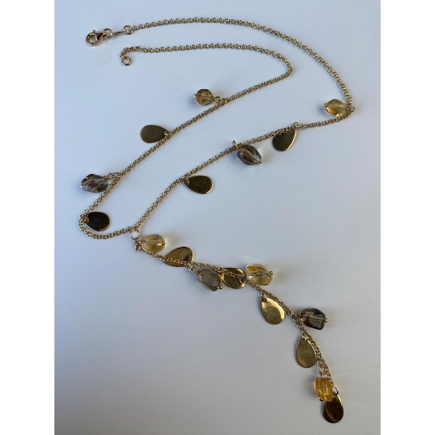 Vintage Solid 14k Yellow Gold Smoky Quartz Citrine Gold Teardrop Rolo Chain Necklace - 16.5 Inches
