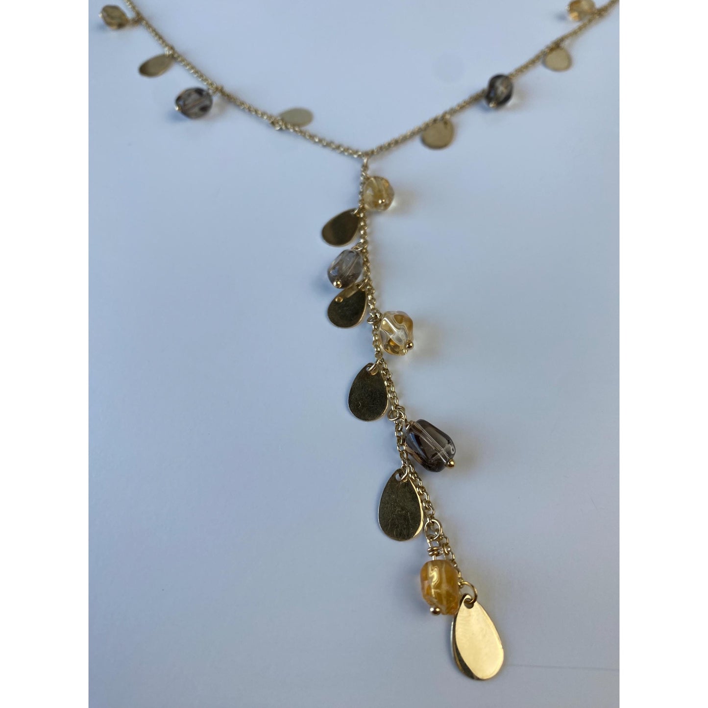 Vintage Solid 14k Yellow Gold Smoky Quartz Citrine Gold Teardrop Rolo Chain Necklace - 16.5 Inches