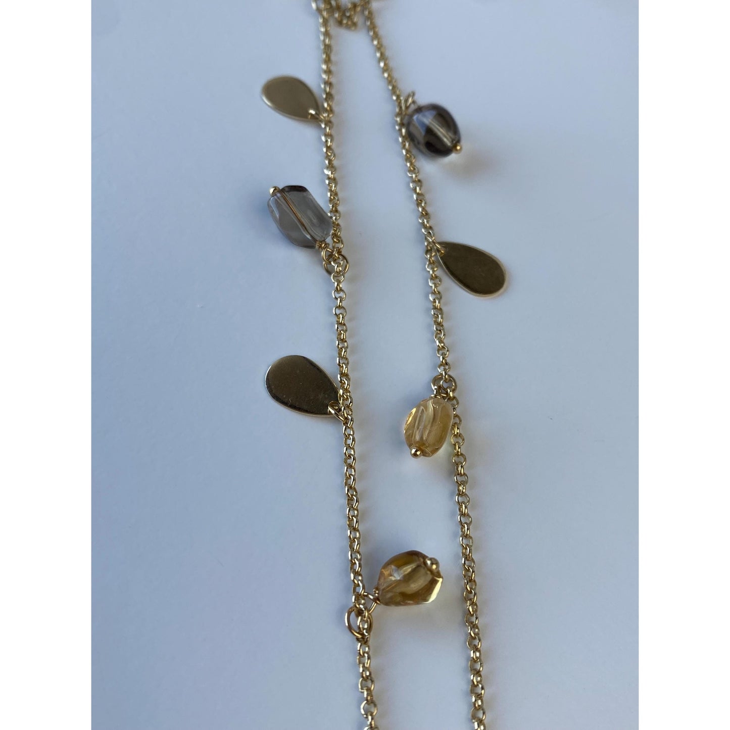 Vintage Solid 14k Yellow Gold Smoky Quartz Citrine Gold Teardrop Rolo Chain Necklace - 16.5 Inches