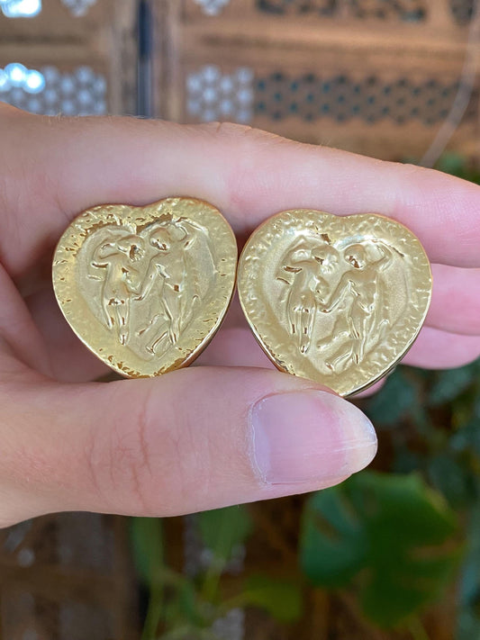 Vintage Solid 18k Yellow Gold Lovers Heart Drop Earrings
