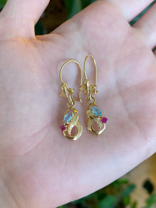Solid 18k Yellow Gold Pink Spinel Light Blue Cubic Zirconia Dangle Earrings