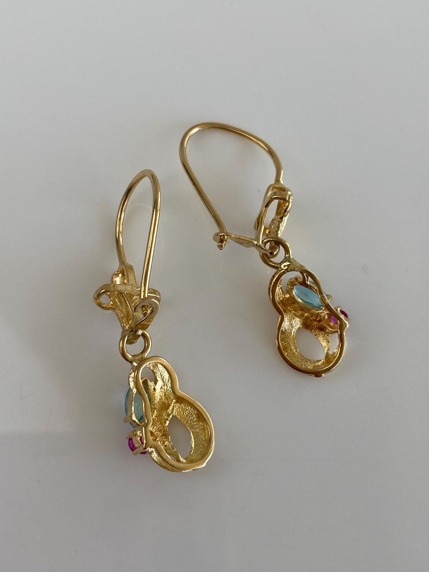 Solid 18k Yellow Gold Pink Spinel Light Blue Cubic Zirconia Dangle Earrings