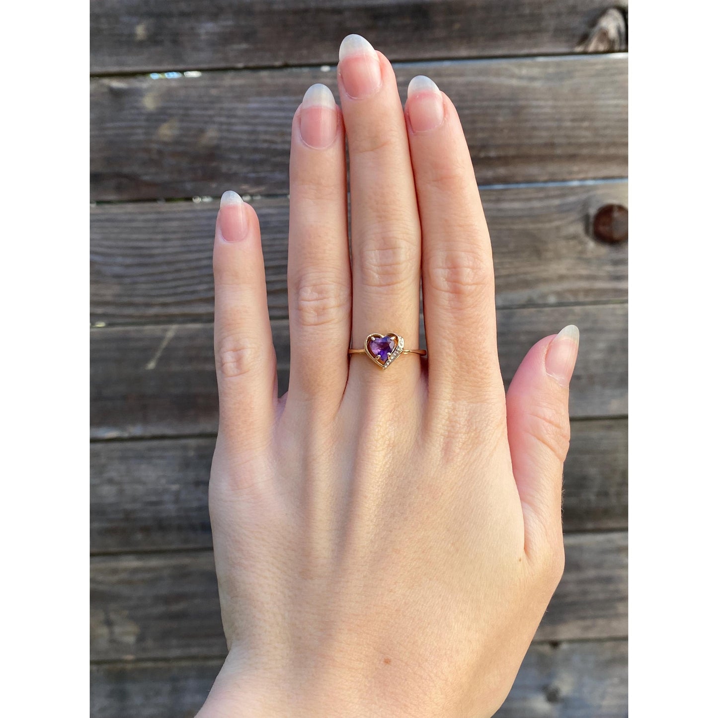 Vintage Solid 14k Yellow Gold Diamond Amethyst Heart Ring - Size 8
